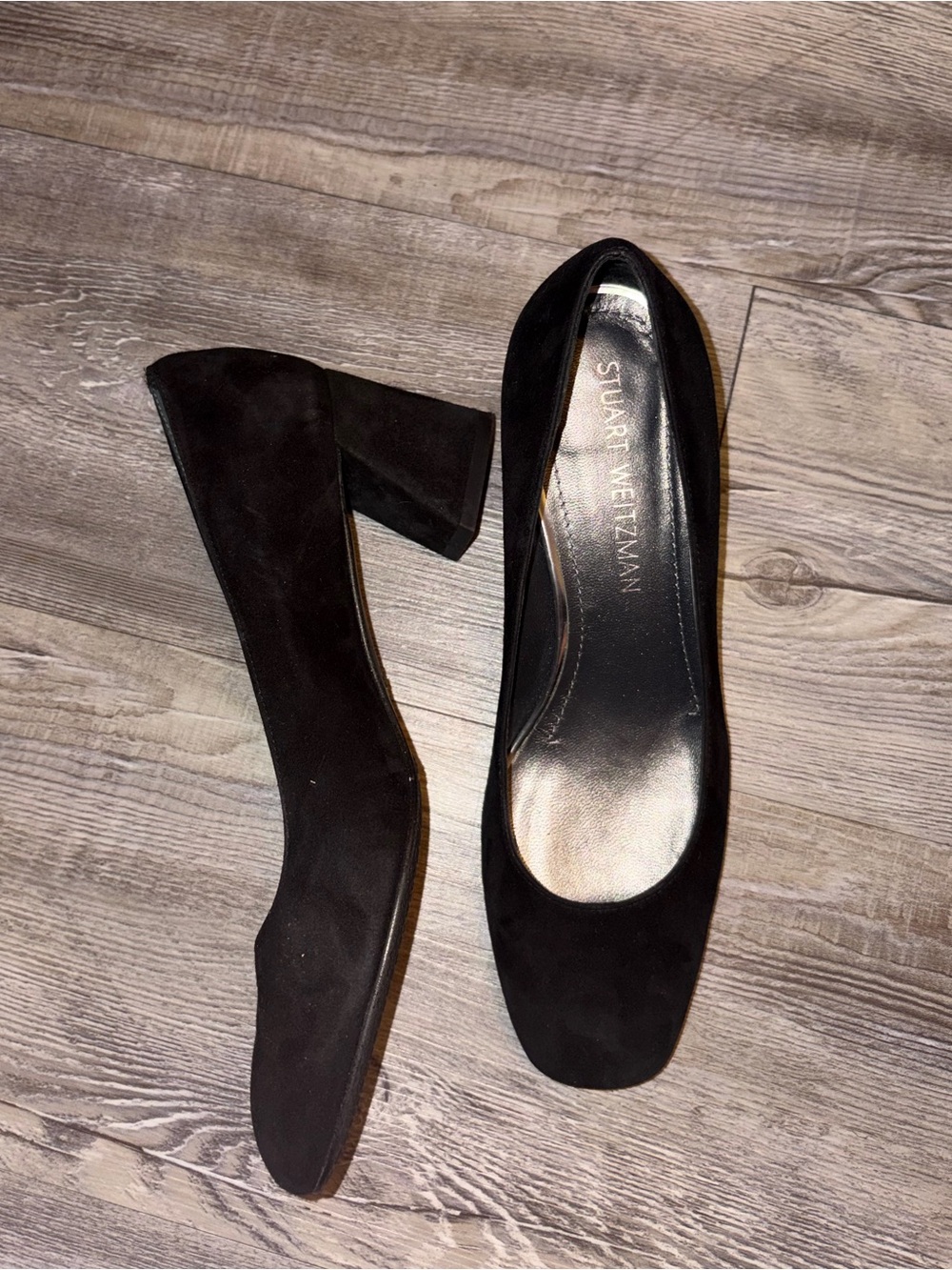 Stuart Weitzman Black Suede Square Toe Block Heels